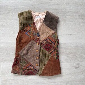 VTG Lucky Bird Patchwork Corduroy & Tweed Vest Boho Hippie Southwest Women's L